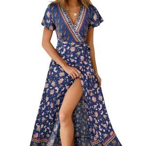 TEMOFON Women's Wrap Dresses Bohemian Floral Printed Summer Casual Short Sleeve